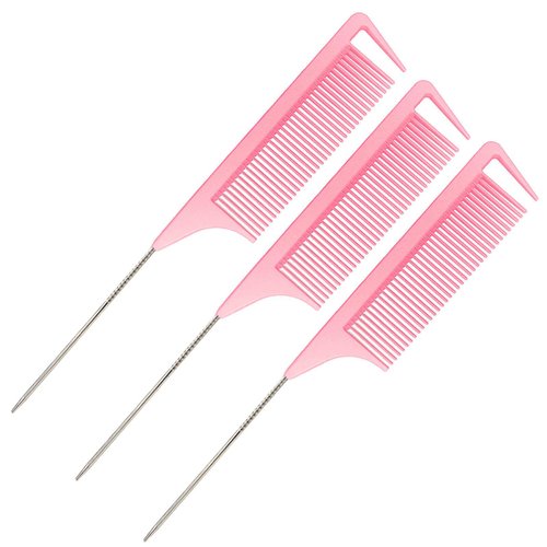 Yumflan Rat Tail Combs, 3Pcs Parting Combs for Braiding Hair, Nylon Hair Comb Rat Tail Comb Rattail Comb with Stainless Steel Pintail for Sectioning, Parting and Styling (Pink)