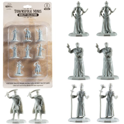 Monster Townsfolk Mini Fantasy Figures - 8pc Paintable Nobility Class Non Player Character NPC Miniatures - 1" Hex-Sized Compatible w DND Dungeons Dragons, Pathfinder, Tabletop Games