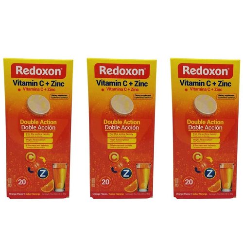 Redoxon Vitamin C Tablets | Orange Flavor, Effervescent Double Action Supplement of Vitamin C and Zinc for Immune System Support, Healthier Lifestyle, and More Energy; 3-Pack of 20 Tablets