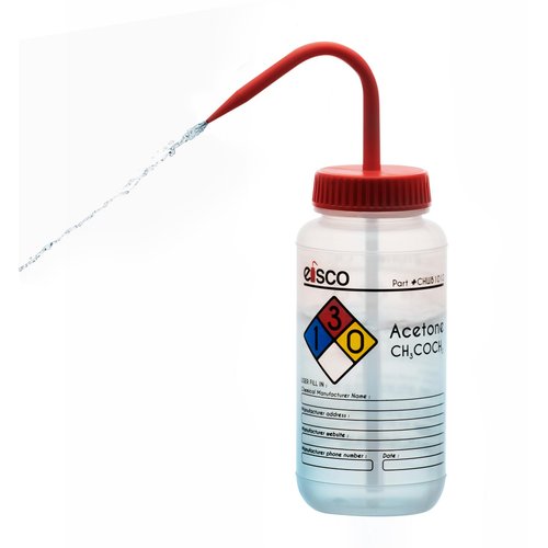 EISCO Wash Bottle for Acetone, 500ml - Labeled with Color Coded Chemical & Safety Information (4 Colors) - Wide Mouth, Self Venting, Low Density Polyethylene Labs
