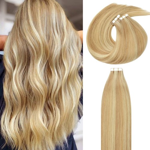Lacer Natural Hair Extensions Remy Tape in Human Hair Extensions Dip Dyed Balayage Seamless PU Skin Weft 100% Real Virgin Hair Ombre Golden blonde Color Double Side 50g 20pcs/set 18 inch, P#12/60