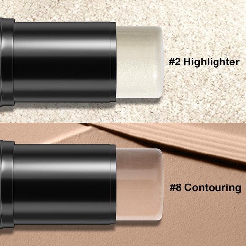 2Pcs Cream Contour Stick Makeup Kit, Cream Highlighter Stick and Bronzer Contour Stick with Longwear Waterproof Formula for Brightening and Trimming the Cheeks, Makeup Brush Include (#02, 08)