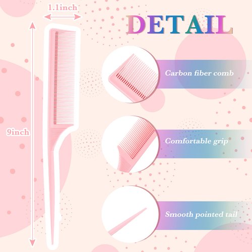 10 Pieces Rat Tail Comb Styling Carbon Heat Resistant Comb Anti Static Teasing Comb for Back Combing Root Teasing Adding Volume Evening Styling(Pink)