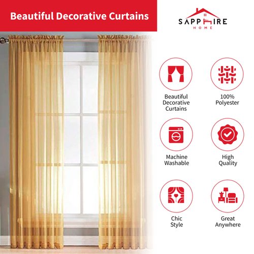 Sapphire Home Gold Sheer Curtains - 2 Panels Set, 54" x 84", Transparent, Light Filtering Privacy Voile Drapes, Sheer Window Curtains for Living Room, Bedroom, Kitchen, Dining Room - Gold/Bronze