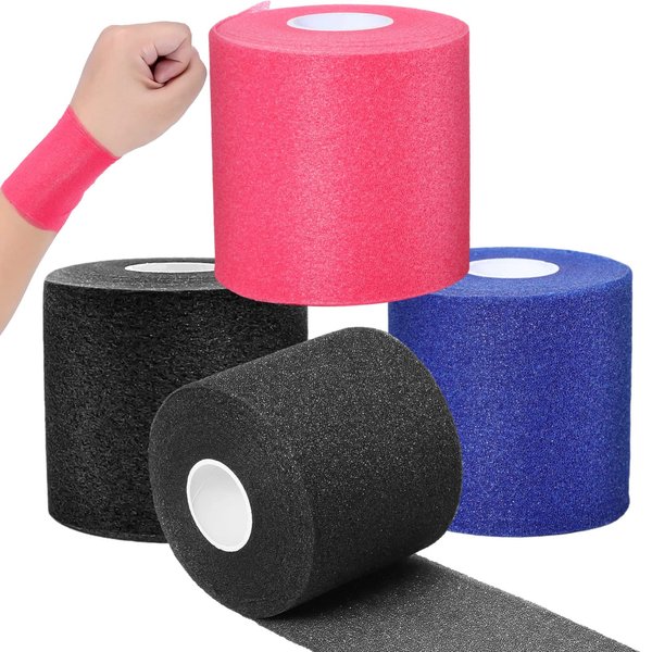 3 Pieces Pre Wrap Tape,Foam Underwrap Tape Athletic Foam Tape,Sports Pre-wrap Tape,Foam Underwrap Bandage for Hair Ankle Wrists Hands Knees Sports,2.75 Inches x 30 Yards(Red, Black, Blue)