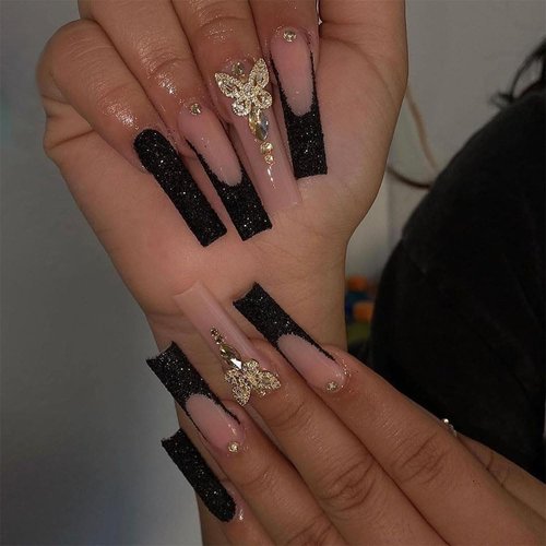 BAOYAALIN Press on Nails Long Coffin French Tips Black Fake Nails with 3D Butterfly Rhinestones Design Gel Glue on Nails for Women Acrylic False Stick on Nail Manicure Decorations for Wedding 24Pcs