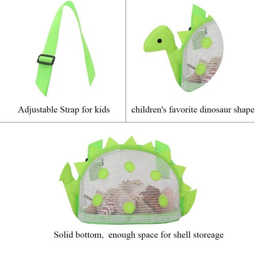 Auony Beach Toy Mesh Beach Bag Kids Shell Bag Dinosaur Beach Sand Toy Totes for Holding Shells Beach Toys Sand Toys Swimming Accessories for Boys Girls Picking Up Shells (Green)
