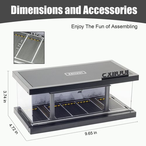 cxiiuui Display Case 1/64 Scale Diecast Parking Garage Moldel 1-Tires LED Light Model Car Show Case 5 Parking Spaces with Full Acrylic Cover Grey