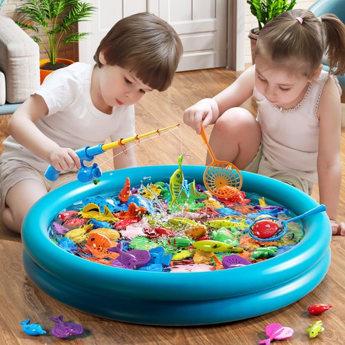 NIPLOOOW Kids Pool Fishing Toys Games, Water Table Bathtub Toy with Inflatable Pool Pole Rod Net Plastic Floating Fish, Birthday Gifts for Kids Age 3 4 5 6 Year Old,Kids Outdoor Toys