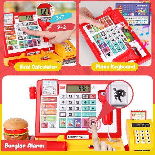 Kids Cash Register Toy with Scanner Realistic, Pretend Play Cash Register with Fast Food/Play Money/Credit Card/Calculator/Microphone Gift Ideas for Toddlers Girls Boys 2-4 3-5 4-8