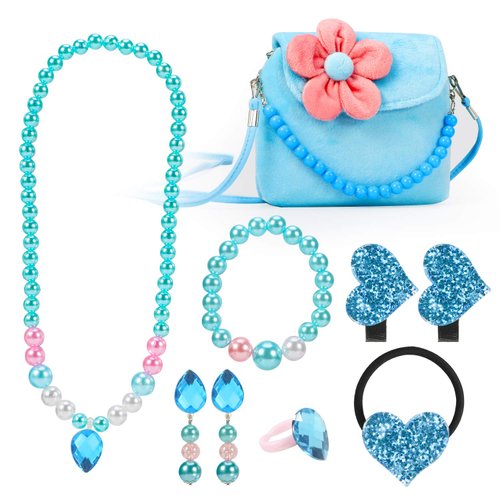 Hifot Kids Jewelry Little Girls Plush Handbag Necklace Bracelet Earrings Ring Hair Clips Set, Princess Costume Jewelry Party Favors Gift for Dress up Pretend Play (3-8 Years)