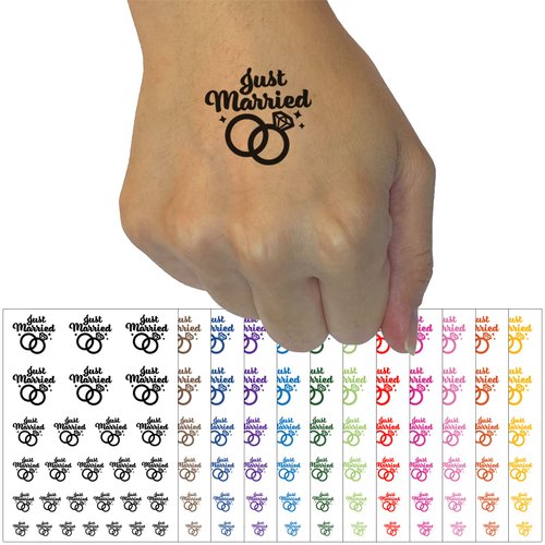 Just Married Wedding Rings Temporary Tattoo Water Resistant Fake Body Art Set Collection - White (One Sheet)
