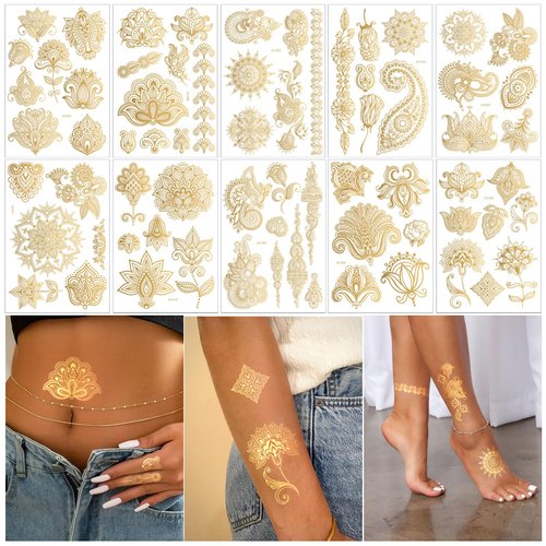 10 Sheets Gold Henna Tattoo Kit, Henna Tattoo Stickers for Women Girls Adults Arm Hands, Wedding Party Festival Glitter Henna Tattoos Decorations (Gold Henna Tattoos) 637