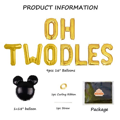 Geloar Oh Twodles Balloons Banner, Oh Twodles 2nd Birthday Party Decorations for Themed of Minnie Micky Mouse for Girl Boy Oh Twodles Birthday Party Supplies Decorations Set Of 12PCS Kit (Gold)