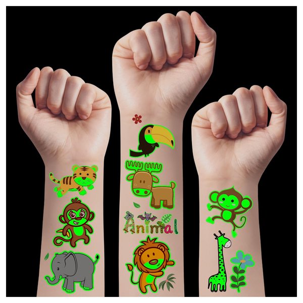 TatoYard Kids Temporary Tattoos for Party Supplies, Goodie Bags Stuffers Fillers, Glow party favors Fake Tattoos for Decorations/Toys/Games (Jungle Theme Party)