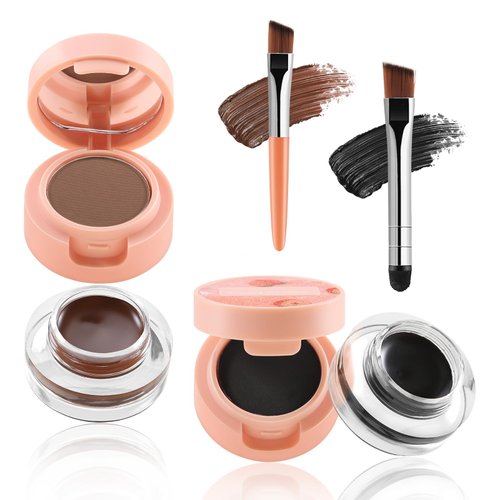 Boobeen Eyebrow And Gel Eyeliner Set, 2 in 1 Brow Powder & Eyeliner Cream, Waterproof Eyebrow Cream Pomade Set with Double Ended Brush, Black & Brown