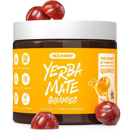 HOLYMARY Yerba Mate Gummies, Quince - Made with Organic, Unroasted Yerba Mate. Free from Added Caffeine. Vegan, Non-GMO, Gluten-Free, Kosher. 50 Delicious Supplement Gummies