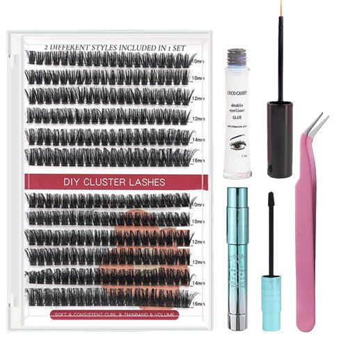 SUILU DIY 240pcs Eyelash Extension Kit, 10-16mm 60D 80D Individual Lashes Kit with Mascara and Eyelash Glue,Lash Tweezers for Self Use