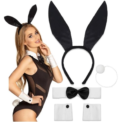 Huachi Bunny Costume Set - Women's Black Bunny Ears and Tail Set, Bow Tie Collar Cuffs, Halloween Accessories