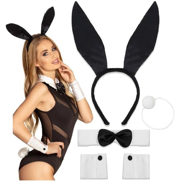 Huachi Bunny Costume Set - Women's Black Bunny Ears and Tail Set, Bow Tie Collar Cuffs, Halloween Accessories
