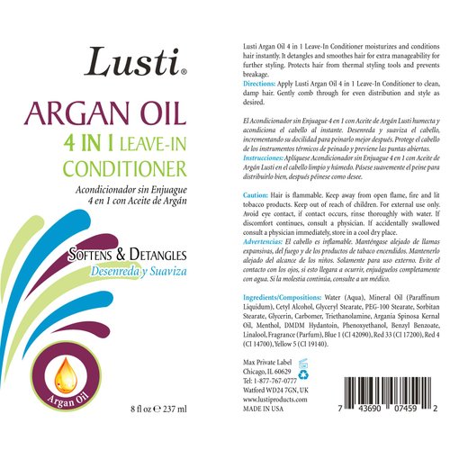 Lusti Argan Oil 4 In 1 Leave-In Conditioner, 8 fl oz - Moisturize & Condition Instantly - Prevent Breakage