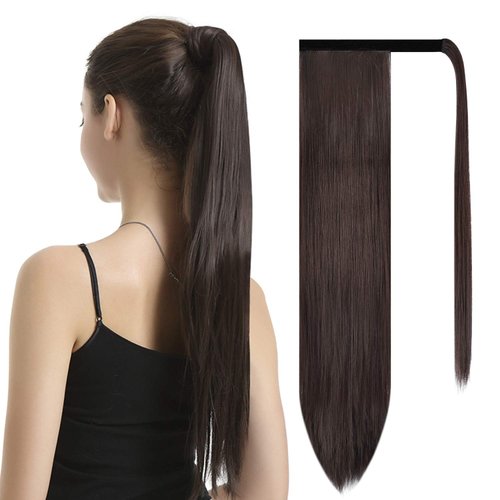 BARSDAR Straight Ponytail Extension - 24 Inch Long Straight Wrap Around Ponytail for Women Clip in Ponytail Hair Extensions Synthetic Brown Hair Pony Tails Hairpieces Daily - Dark Brown