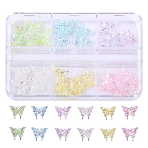 YEFIUO Butterfly Nail Charms and Gems - 1 Box of 6 Colors Cute Kawaii 3D Nail Charms Resin Acrylic Nail Gems Rhinestones Aurora Glitter Charms for Nail Art DIY Design Supplies Gift for Women Girls