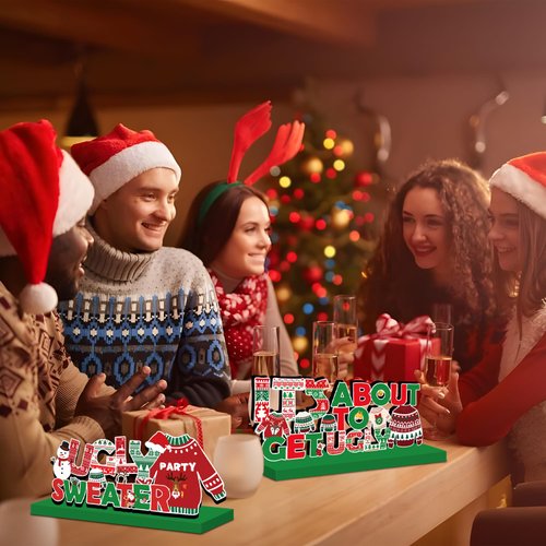 Ugly Sweater Party Supplies Christmas Wooden Table Centerpieces Cute Ugly Sweater Themed Christmas Party Decorations Green and Red Merry Christmas Wooden Sign with Elements of Ugly Sweater Pattern