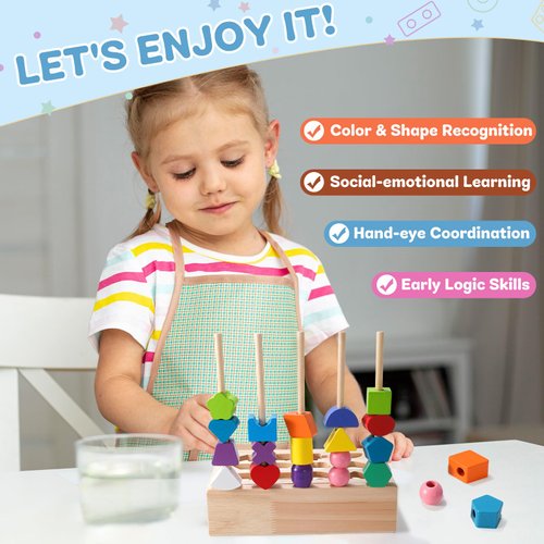 3 in 1 Montessori Wooden Beads Sequencing Toy Set, Color Sorting Stacking Geometric Shape Matching Game Beads Sequencing Toy Lacing Beads Stem Fine Motor Skills for Toddlers