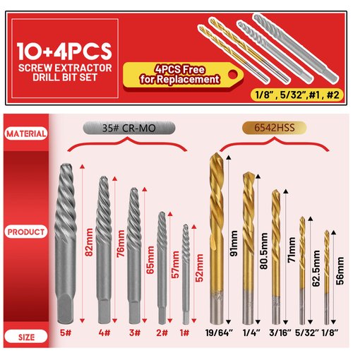 UYECOVE 14 Pieces Screw Extractor Set, 35# Cr-Mo & 6542 HSS Steel Cobalt Left Hand Drill Bits Set for Removing Stripped Screws and Broken Bolts Ez Out Screw Extractor Set Broken Bolt Extractor Kit