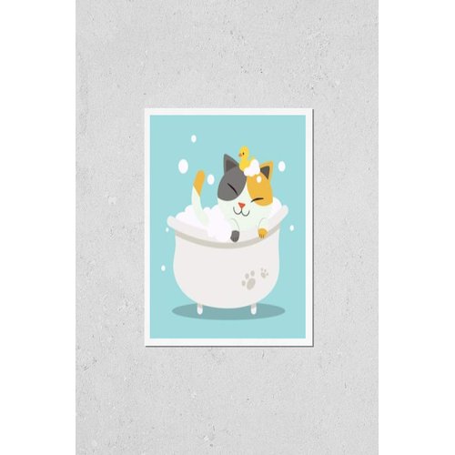HardPress Wall Art Poster Print of A Cute Character Cartoon Cat Lying in The Bathtub with Duck Toy in Flat Style. Healthcare for Cat. Illustation of Cat for Graphic,Content,Banner,Etc.