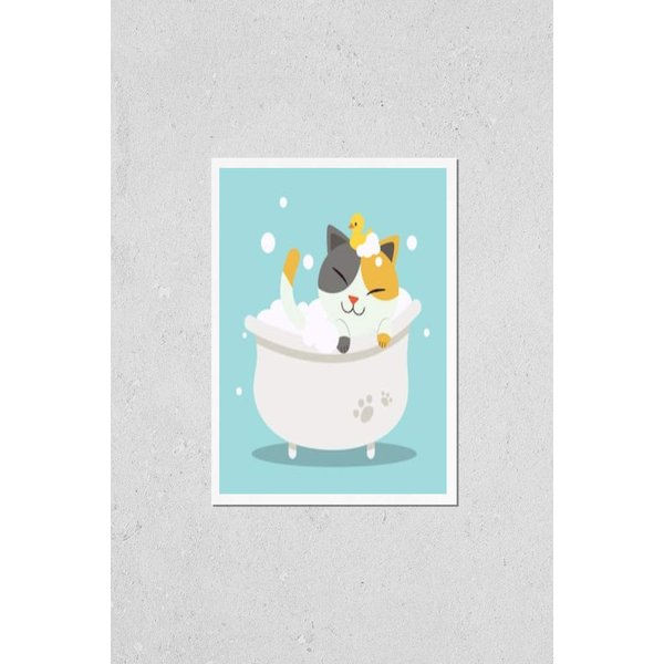 HardPress Wall Art Poster Print of A Cute Character Cartoon Cat Lying in The Bathtub with Duck Toy in Flat Style. Healthcare for Cat. Illustation of Cat for Graphic,Content,Banner,Etc.