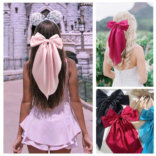 Silky Satin Hair Bows for Women,Big Ribbon Bow Hair Clips for Girls, Oversized Long Tail Hair Barrettes Cute Hair Accessories (Black Red color 6pcs)