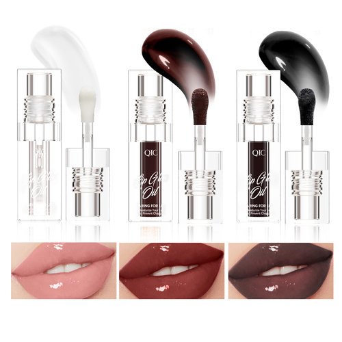 KTouler 3Pcs Translucent Lip Gloss, Plumping Lip Oil/Mirror Highlight Lip Gloss,Moisturizing Hydrating And Nourishing Lip Plumper Gloss (Crystal Clear+Blackberry+Black, A)