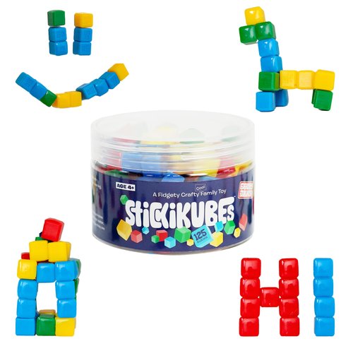 KOMARC GAMES StickiKubes, Mini Stacking Cubes That Stick to Anything, Non Toxic Kid Safe Sticky Blocks, Creative Construction Toy - 125 Cubes, 4 Colors, Tub
