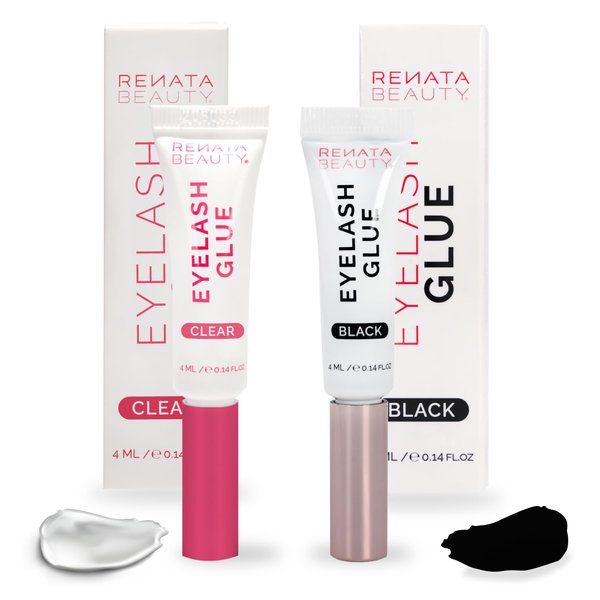 Renata Beauty 2-Pack Combo Set, Transparent & Black Eyelash Glue, Waterproof, 24-Hour Strong Hold, Dual-Function Tubes, Hypoallergenic, Professional Grade, Versatile Adhesive for All Lash Types, 2x4ml