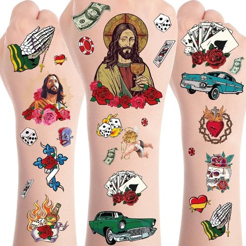 Chicano Temporary Tattoos for Adults - 8 Sheet Jesus Sticker ChristianTattoo Sticker Halloween Party Favors Day of the Dead Religious Tattoo for Women Men Body Arts Decoration