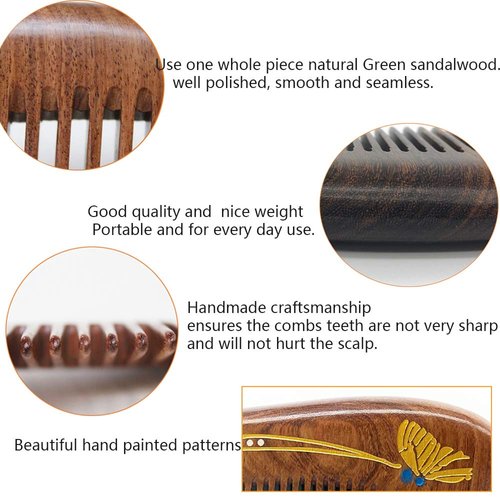 Sitronugras wooden combs set,Handmade Detangling comb with Fine teeth sandalwood combs with handle for Women Men Anti Static Adorable Shape Wooden Hair comb for Wavy Hair