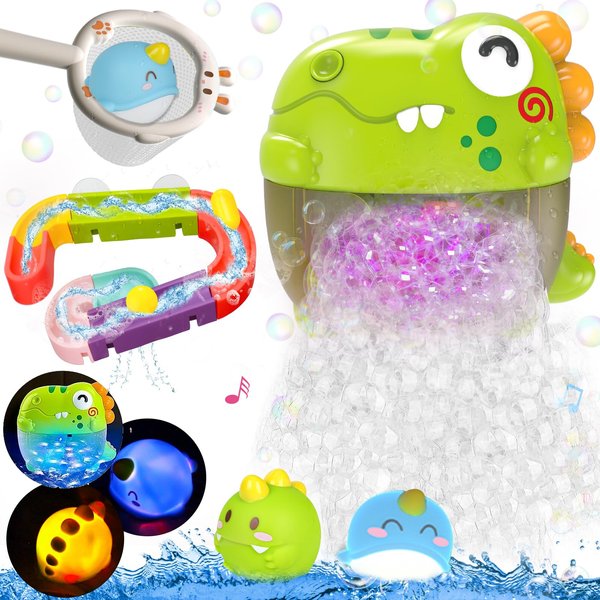 Toddler Bubbles Bath Toys, Light Up Bath Toy for Kids Age 1-3 Baby Bathtub Tub Toy Slide Track Dinosaur Bubble Machine Maker with Music Floating Animal Shower Toy Summer Outdoor Gift Boy Girl Age 2-5