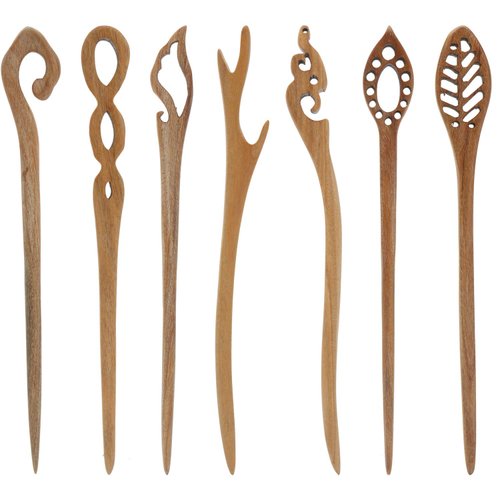 Lawie 7 Pack Vintage Retro Handmade Ancient Chinese Japanese Brown Wooden Hair Sticks Chopsticks Hair Pins Picks Wood Sandalwood Carved Smooth Long Horn Fork Pen Hairpins Clips for Bun Chignon Holder