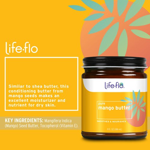 Life-flo Pure Mango Butter, Soothing Moisturizer for Dry Skin Care, Smooths and Nourishes, Doubles as Lip Balm, Nail / Cuticle Cream, Hand and Body Lotion, 60-Day Guarantee, Not Tested on Animals, 9oz