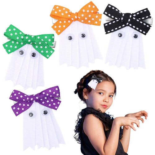 Whaline 4Pcs Halloween Ghost Hair Clips 4 Colors Cute Ghost Bow Style Hairpins Grosgrain Ribbon Handmade Alligator Clips Gift for Halloween Cosplay Party Accessory
