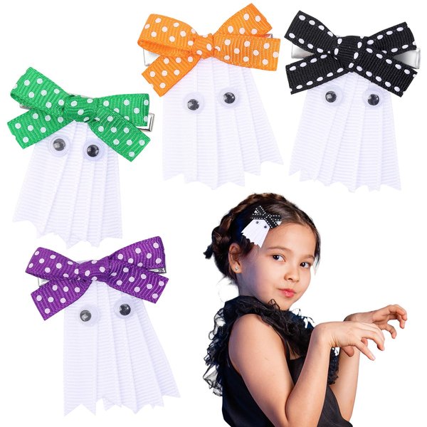 Whaline 4Pcs Halloween Ghost Hair Clips 4 Colors Cute Ghost Bow Style Hairpins Grosgrain Ribbon Handmade Alligator Clips Gift for Halloween Cosplay Party Accessory