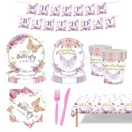 146 PCS Butterfly Birthday Party Supplies Disposable Paper Plates Napkins Cups Tablecloth and Banner for Butterfly Girls Bday Party Decorations (Serves 24)
