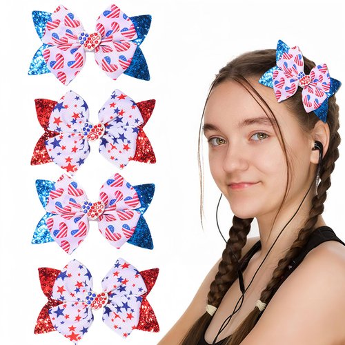 Vsdski 4pcs 4th of July Bow Hair Clips Patriotic Hair Accessories for Girls American Flag Barrette Sparkly Stars Hair Bows Hairpins Alligator Clips for Independence Day Party Cheering Squad Hair Decor