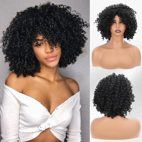ihkwlma Afro Wig Short Curly Wigs Synthetic Hair Wigs for Black Women, Short Curly Afro Wigs with Bangs Natural Curly Cosplay Party Daily Use