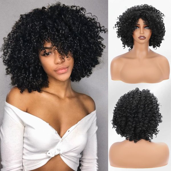 ihkwlma Afro Wig Short Curly Wigs Synthetic Hair Wigs for Black Women, Short Curly Afro Wigs with Bangs Natural Curly Cosplay Party Daily Use