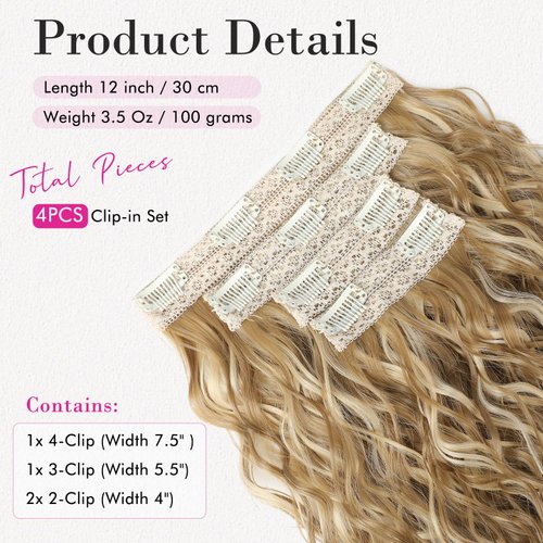 REECHO Clip in Hair Extensions, 4PCS Hair Extensions 12" Short Curly Wavy Blonde hair extensions Invisible Lace Weft Natural Soft Hairpieces for Women – Golden Blonde with Highlights