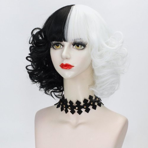 LABEAUTÉ Black and White Wig with Bangs Short Curly Wavy Hair for Kids Women Girls 2021 Two Tone Half and Half Party Halloween Wig + Free Cap