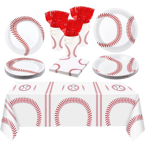 durony Baseball Party Tableware Set Serve 24 Party Tableware Tablecloths Plates Napkin Cups Forks for Baseball Theme Party Birthday Decorations, Baseball Elements